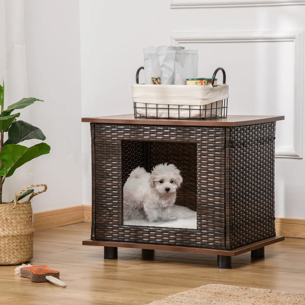 PawHut Rattan Hundehütte Hundehaus Mit Kissen Hundehöhle Hundematratze Haustierbett Für Drinnen Und Draußen Spanplatte Braun 60 X 44 X 51,5 Cm 2 PawHut Rattan Hundehütte Hundehaus Mit Kissen Hundehöhle Hundematratze Haustierbett Für Drinnen Und Draußen Spanplatte Braun 60 X 44 X 51,5 Cm – Bild 2