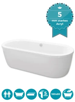 Calmwaters® Freistehende Badewanne 180x80 Cm, Acrylwanne Modern Soft, Duo-Badewanne Für 2 Personen, Maße 180 X 80 Cm, Freistehende Wanne Oval, Runde Badewanne Freistehend, Duowanne Weiß, 02SL3337
