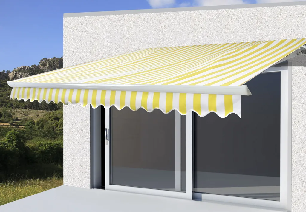 Mendler Elektrische Kassetten-Markise H122, Vollkassette Volant 4x3m Polyester Gelb/Weiß 9 Mendler Elektrische Kassetten-Markise H122, Vollkassette Volant 4x3m Polyester Gelb/Weiß – Bild 9