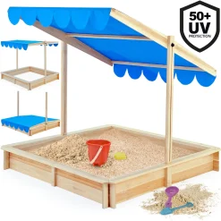 Deuba Spielwerk Sandkasten Midi Mit Dach Höhenverstellbar Neigbar 120x120cm Sandkiste Holz Natur UV 50+ Sonnenschutz Abdeckung Sandbox Sandspielzeug Kinder