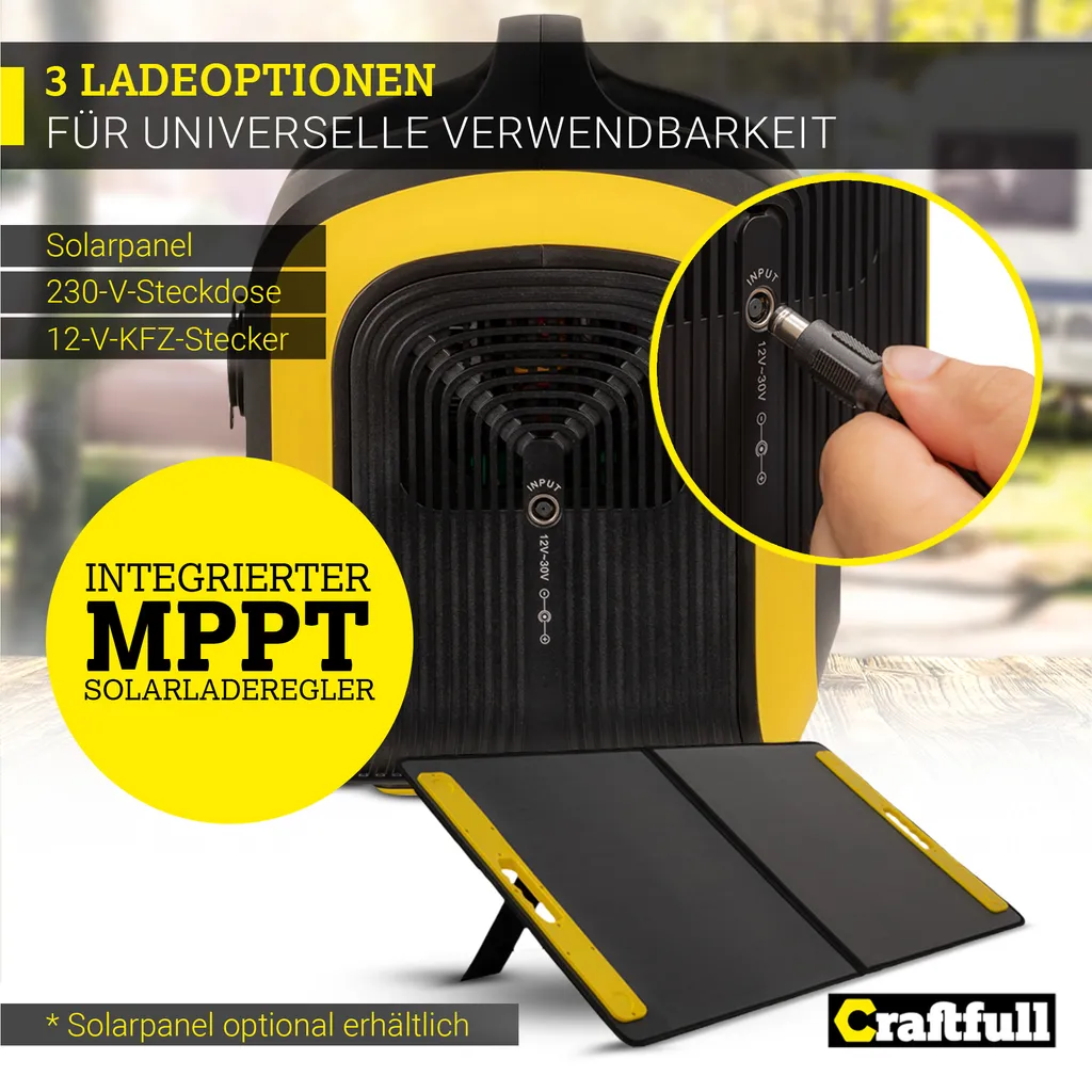 Craftfull Powerstation Adventure CP-600 Schwarz/Gelb, 595 Wh, 600 Watt, Tragbar, Lithium-Akku, Steckdose, USB 4 Craftfull Powerstation Adventure CP-600 Schwarz/Gelb, 595 Wh, 600 Watt, Tragbar, Lithium-Akku, Steckdose, USB – Bild 4