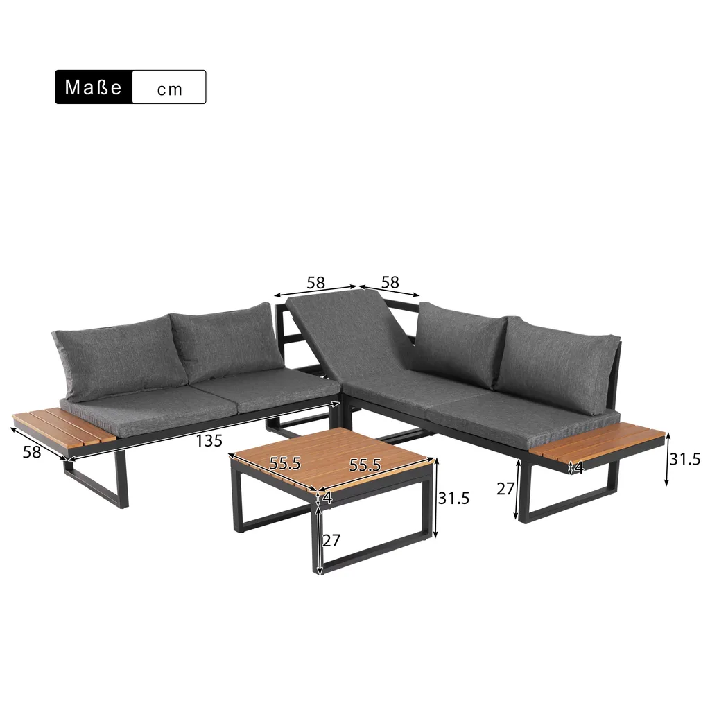 Merax Gartenmöbelset Holz Ecklounge Mit Kissen Und Stahlrahmen, Gartenmöbel Set Loungegruppe Balkonmöbel Set Loungeset, Schwarz 4 Merax Gartenmöbelset Holz Ecklounge Mit Kissen Und Stahlrahmen, Gartenmöbel Set Loungegruppe Balkonmöbel Set Loungeset, Schwarz – Bild 4