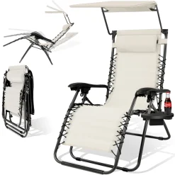 KESSER® - Sonnenliege Liegestuhl Mit Sonnendach Getränkehalter | Verstellbar Rückenlehne | Abnehmbares Kopfkissen Kopfpolster| Klappbar | Stahlrahmen | Garten Liege Hochlehner | Gartenstuhl, Farbe:Beige -Garten- & Gewächshäuser Geschäft c00565a792749bd8f13a825ed09c4c66