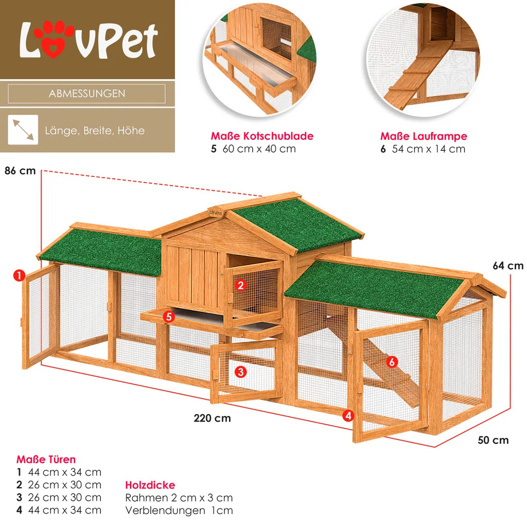 LOVPET® Kaninchenstall Hasenstall XXL Kleintiergehege Premium - Große Für Bis 4 Hasen Doppelstockhaus - 2 Ebenen - Hasenkäfig Meerschweinchen Freilauf Garten - Winterfest Holz 220x50x86 Cm, Farbe:Braun 8 LOVPET® Kaninchenstall Hasenstall XXL Kleintiergehege Premium - Große Für Bis 4 Hasen Doppelstockhaus - 2 Ebenen - Hasenkäfig Meerschweinchen Freilauf Garten - Winterfest Holz 220x50x86 Cm, Farbe:Braun – Bild 8
