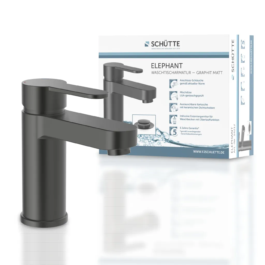 Schütte SCHÜTTE Waschtischarmatur ELEPHANT Mit Ablaufgarnitur, Wasserhahn Bad Mit Pop Up, Graphit Matt 1 Schütte SCHÜTTE Waschtischarmatur ELEPHANT Mit Ablaufgarnitur, Wasserhahn Bad Mit Pop Up, Graphit Matt