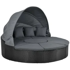 Juskys 2in1 XXL Polyrattan Sonneninsel & Sitzgruppe Puerto Plata – Set Mit Dach, Kissen, Tisch Und Hockern – Liegeinsel Lounge Wetterfest Garten