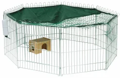 Dobar 8-eckiges XL Freilaufgehege Groß, Kaninchengehege Aus Metall Mit Nylon Netz, Holz Häuschen Und Trinkflasche, Für Outdoor Wetterfest, 135 X 135 X 56 Cm, Silber