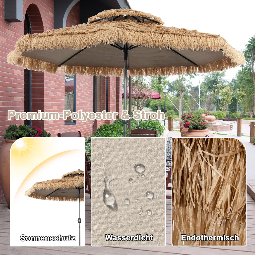 COSTWAY Sonnenschirm Hawaii, Terrassenschirm Mit Doppeldach, Stroh Strandschirm Marktschirm Neigbar Gartenschirm Für Strand, Garten, Outdoor 3 COSTWAY Sonnenschirm Hawaii, Terrassenschirm Mit Doppeldach, Stroh Strandschirm Marktschirm Neigbar Gartenschirm Für Strand, Garten, Outdoor – Bild 3