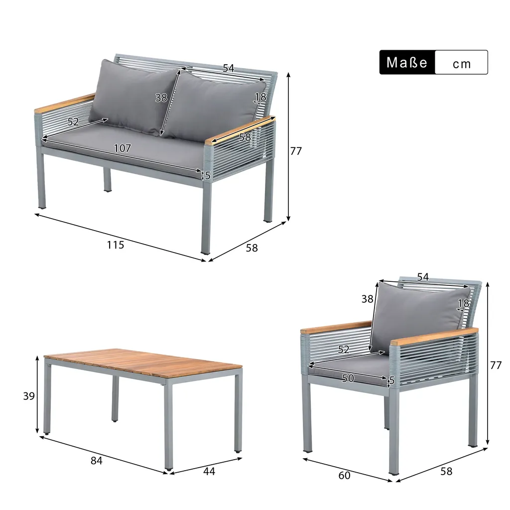 Merax 4-tlg. Garten-Lounge-Set Mit Stahlrahmen Und Couchtisch, Rope Gartenmöbel Set Aus Akazienholz Und Polyrattan, Gartenmöbel-Sets Für 4 Personen, Grau 4 Merax 4-tlg. Garten-Lounge-Set Mit Stahlrahmen Und Couchtisch, Rope Gartenmöbel Set Aus Akazienholz Und Polyrattan, Gartenmöbel-Sets Für 4 Personen, Grau – Bild 4