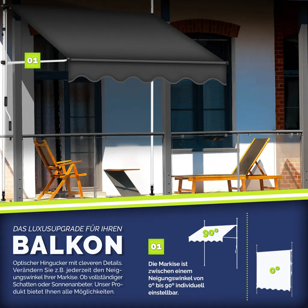 Tillvex Balkonmarkise 300 Cm Grau Gelenkarm Markise Klemmmarkise Sonnenmarkise Balkon Ohne Bohren 3 Tillvex Balkonmarkise 300 Cm Grau Gelenkarm Markise Klemmmarkise Sonnenmarkise Balkon Ohne Bohren – Bild 3