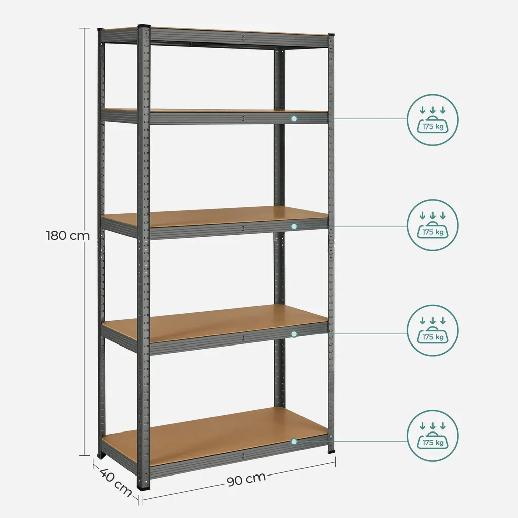 SONGMICS Schwerlastregale, 2er Set, Kellerregale, Lagerregale, 180 X 90 X 40 Cm, Steckregale, Jeweils Bis 875 Kg Belastbar Und 5 Verstellbare Ablagen, Verstärktes Stahlgestell, Grau GLR040G02 4 SONGMICS Schwerlastregale, 2er Set, Kellerregale, Lagerregale, 180 X 90 X 40 Cm, Steckregale, Jeweils Bis 875 Kg Belastbar Und 5 Verstellbare Ablagen, Verstärktes Stahlgestell, Grau GLR040G02 – Bild 4