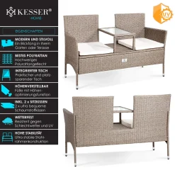 KESSER® Polyrattan Gartenbank 2-Sitzer Bank Mit Integriertem Inkl. Tisch & Kissen - 133 × 63 × 84 Cm - Rattan Sitzbank Garten Balkon Gartensofa Wetterfest Sitzgruppe Ultra Stabile, Farbe:Grau -Garten- & Gewächshäuser Geschäft c3345fd56cd2f8cdb87c49eb420021c9