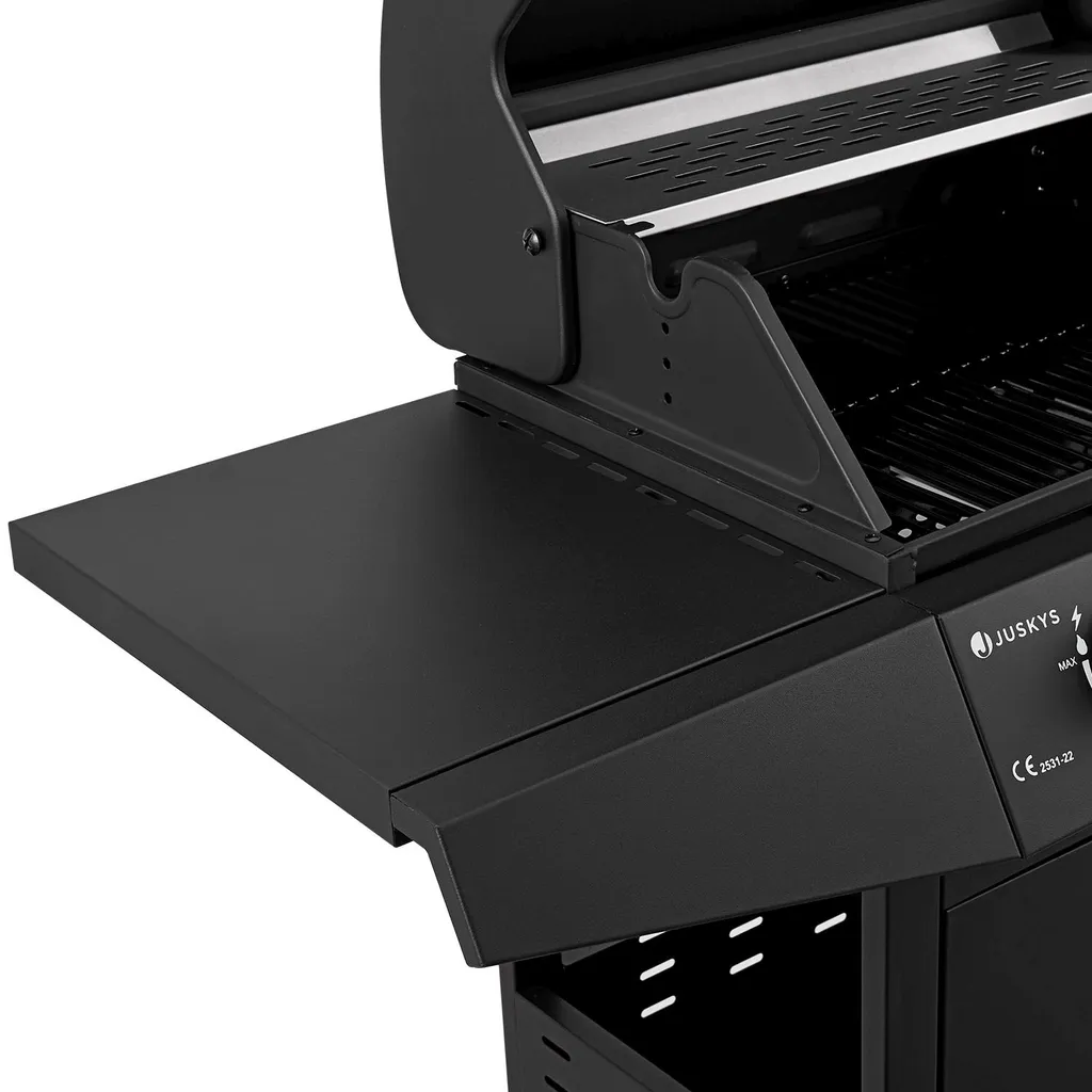 Juskys BBQ Gasgrill Louisiana 8,1 KW Mit 3 Brenner, Grillrost, Deckel Mit Thermometer, Warmhalterost & Seitenablagen – Grillwagen Mit Stahl Korpus 15 Juskys BBQ Gasgrill Louisiana 8,1 KW Mit 3 Brenner, Grillrost, Deckel Mit Thermometer, Warmhalterost & Seitenablagen – Grillwagen Mit Stahl Korpus – Bild 15