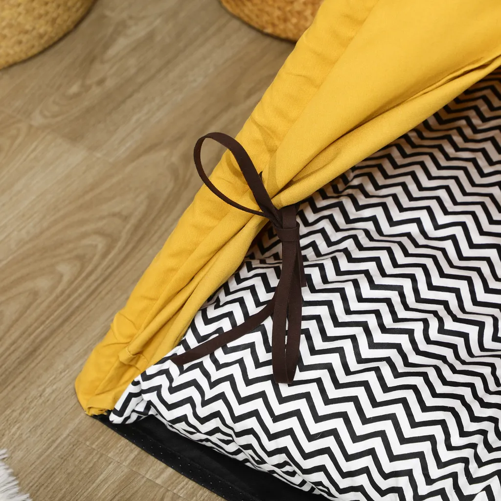 PawHut Tipi-Zelt Für Haustiere, Tierbett Im Tipi-Design, Katzenzelt Mit Kissen, Katzenhaus Mit Rutschfestem Boden Spielball, Hundebett Zum Schlafen, Katzenbett, Kiefernholz, Indoor, Gelb 8 PawHut Tipi-Zelt Für Haustiere, Tierbett Im Tipi-Design, Katzenzelt Mit Kissen, Katzenhaus Mit Rutschfestem Boden Spielball, Hundebett Zum Schlafen, Katzenbett, Kiefernholz, Indoor, Gelb – Bild 8