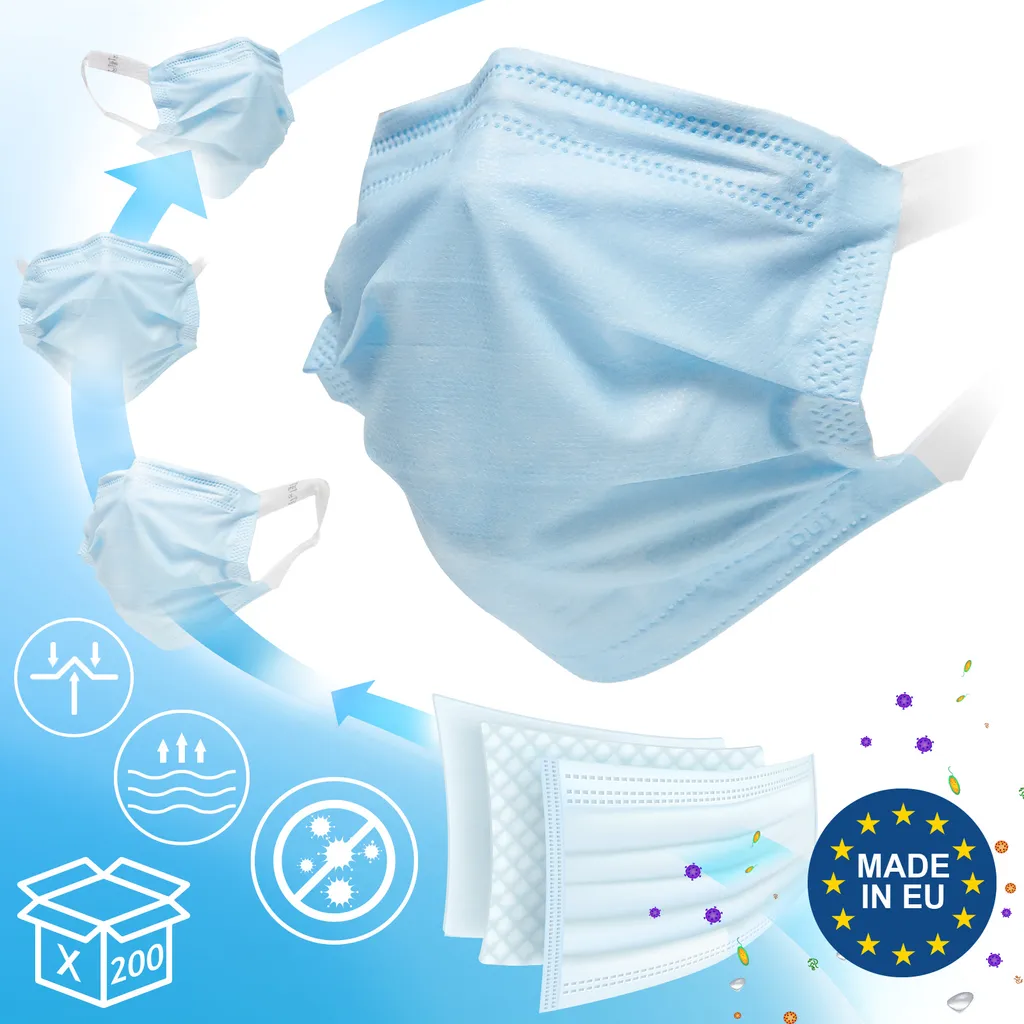 Virshields® Medizinischer Mundschutz - Typ IIR, BFE ≥ 98%, DIN EN 14683, EU, 200 Stück, 3-lagig, Antibeschlag, Blau - OP Masken, Mund Und Nasenschutz, Einweg Gesichtsmaske, Einwegmasken 2 Virshields® Medizinischer Mundschutz - Typ IIR, BFE ≥ 98%, DIN EN 14683, EU, 200 Stück, 3-lagig, Antibeschlag, Blau - OP Masken, Mund Und Nasenschutz, Einweg Gesichtsmaske, Einwegmasken – Bild 2