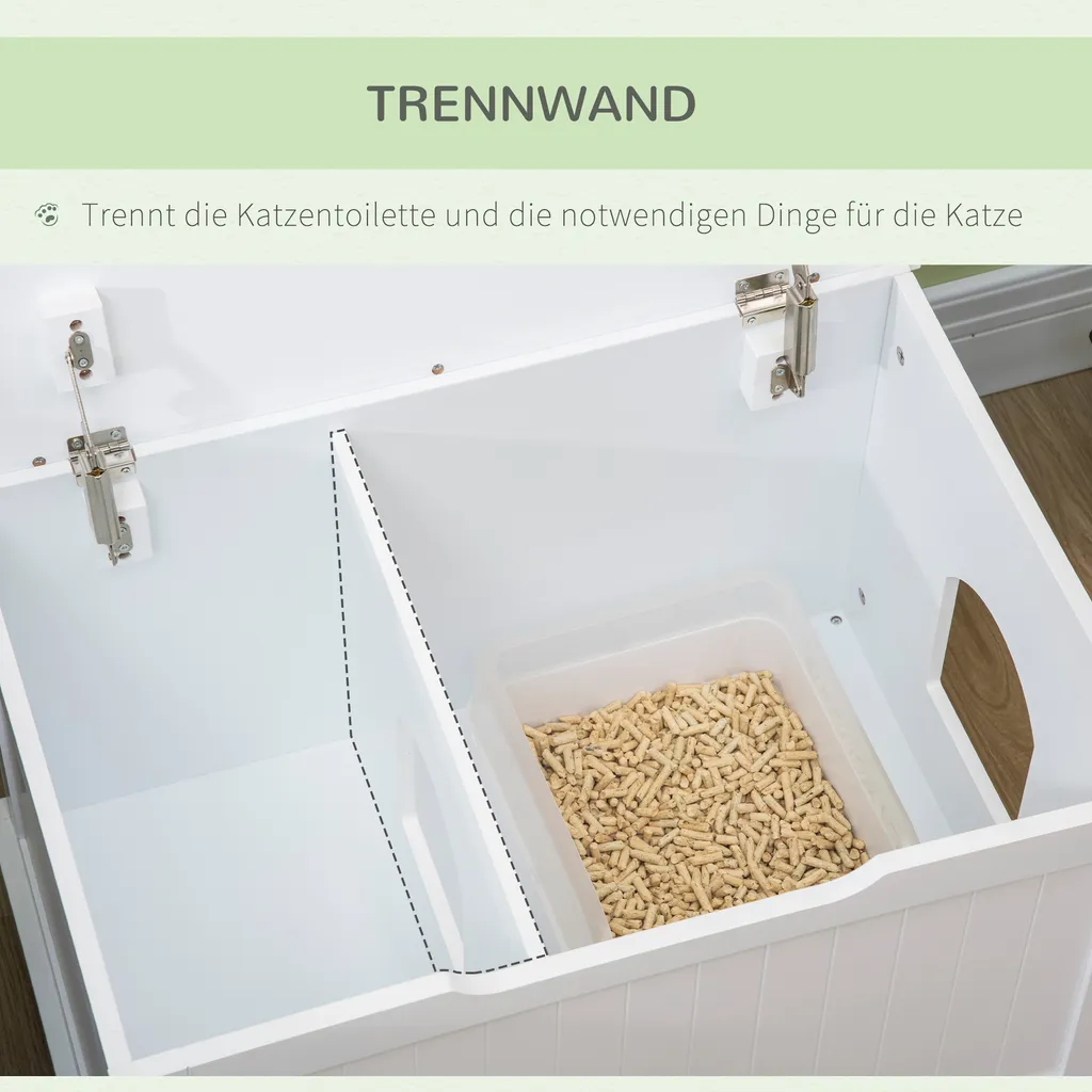 PawHut Katzenschrank Für Katzentoilette Katzenklo Katzenhaus Mit Klappdeckel Trennwand Katzenhöhle Katzenkommode Beistelltisch Erhöhtes Design MDF Spanplatte Weiß 74 X 52 X 55 Cm 5 PawHut Katzenschrank Für Katzentoilette Katzenklo Katzenhaus Mit Klappdeckel Trennwand Katzenhöhle Katzenkommode Beistelltisch Erhöhtes Design MDF Spanplatte Weiß 74 X 52 X 55 Cm – Bild 5