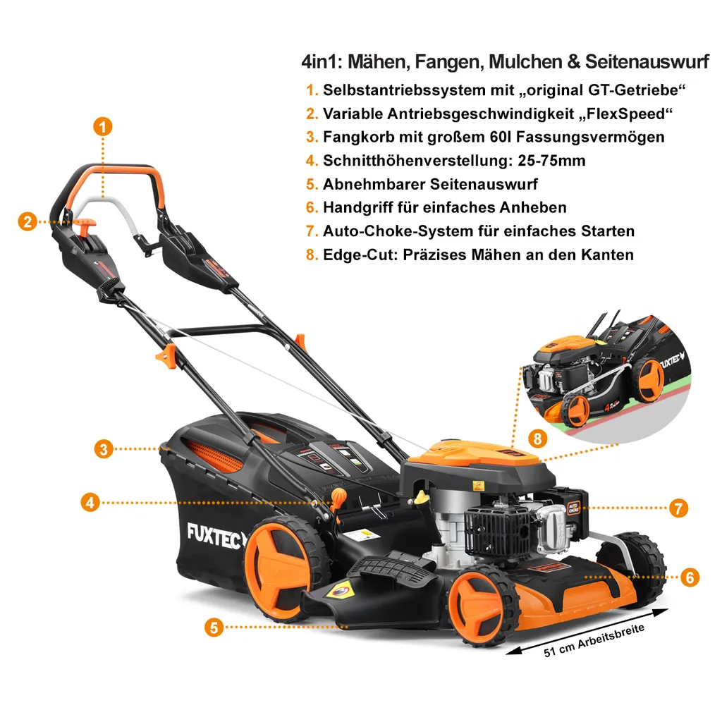 FUXTEC Benzin Rasenmäher FX-RM5196PRO 51cm Schnittbreite Mäher 6PS Benzinmäher 6 FUXTEC Benzin Rasenmäher FX-RM5196PRO 51cm Schnittbreite Mäher 6PS Benzinmäher – Bild 6