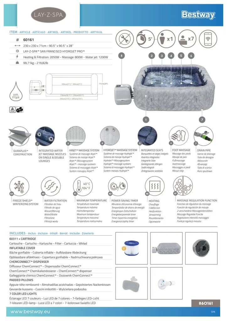 Bestway® LAY-Z-SPA® WLAN-Whirlpool San Francisco HydroJet Pro™ Ø 230 X 230 X 71 Cm, Eckig 31 Bestway® LAY-Z-SPA® WLAN-Whirlpool San Francisco HydroJet Pro™ Ø 230 X 230 X 71 Cm, Eckig – Bild 31