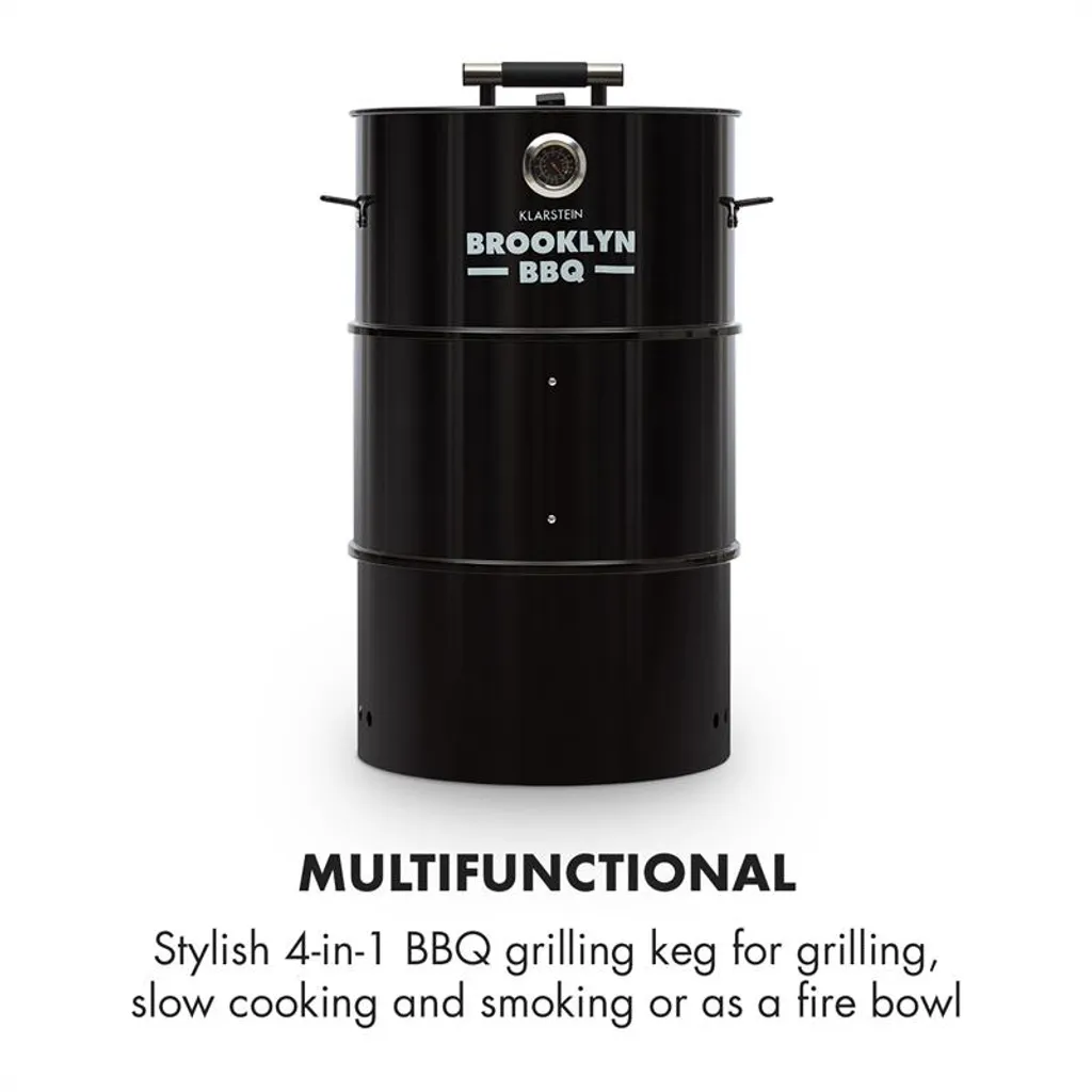Klarstein Brooklyn-BBQ 4-in-1-Grillfass | Grill, Smoker SlowCooker & Feuerschale | Ø 42 Cm | Stahl | Pulverbeschichtet 3 Klarstein Brooklyn-BBQ 4-in-1-Grillfass | Grill, Smoker SlowCooker & Feuerschale | Ø 42 Cm | Stahl | Pulverbeschichtet – Bild 3