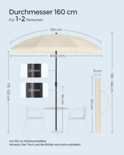 SONGMICS Sonnenschirm 160 Cm, Sonnenschutz UPF 50+, Beidseitig Um 30° Knickbar, Höhenverstellbar, Mit Tragetasche, Ohne Ständer, Beige GPU60WTV1 -Garten- & Gewächshäuser Geschäft c60899091a385cf334b933ca7f350f6f