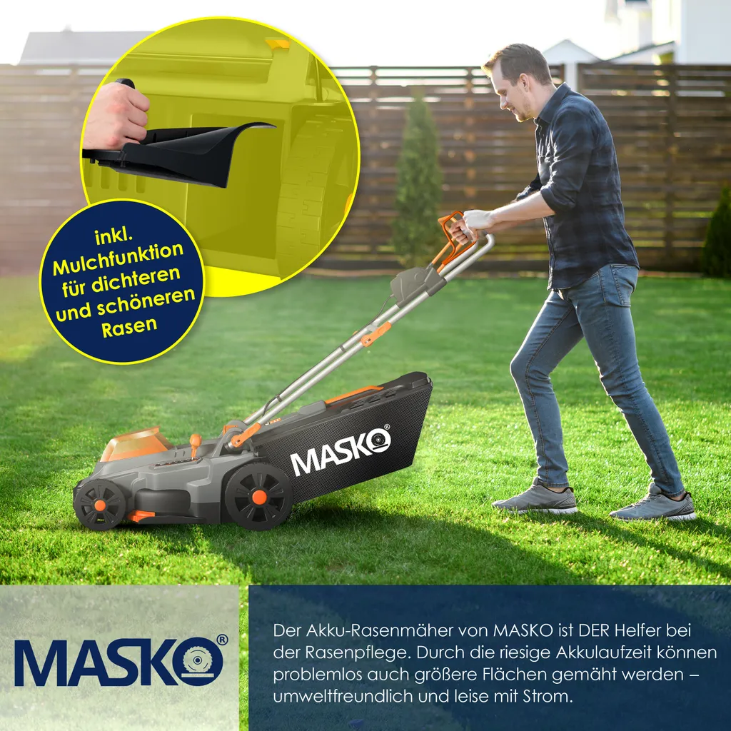 MASKO® Akku Rasenmäher ECO-X10 Inkl. Akkus Li-Ion Batterie 4 Ah & Doppel-Ladegerät – Rasentrimmer Schnittbreite, 25-75mm Schnitthöhenverstellung , Farbe:Schwarz / Orange, Größe:Schnittbreite 37cm 5 MASKO® Akku Rasenmäher ECO-X10 Inkl. Akkus Li-Ion Batterie 4 Ah & Doppel-Ladegerät – Rasentrimmer Schnittbreite, 25-75mm Schnitthöhenverstellung , Farbe:Schwarz / Orange, Größe:Schnittbreite 37cm – Bild 5