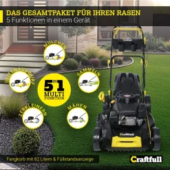 Craftfull Benzinrasenmäher CR-224-20, 56 Cm Schnittbreite, Benzin Rasenmäher Mit Radantrieb Inkl. Rasenkamm, 196 Cc, 5,2 KW / 7,1PS, Euro 5 Norm, 5in1, Marken Motor, GT-Markengetriebe, 8 Stufen Höhenverstellbar, 62 Liter Fangsack, Easy-Clean-Funktion -Garten- & Gewächshäuser Geschäft c7d338ef273162cdb76fa7550c28fa41