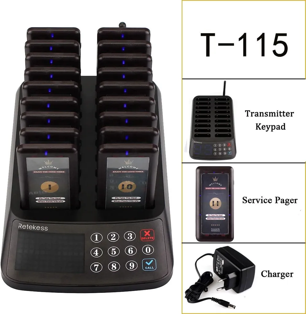 Retekess T115 Pager System, Kundenrufsystem, 99 Kanal Keypad Sender Mit 18 Wiederaufladbare Pager In Bars Privatklinik Restaurant Hotel 7 Retekess T115 Pager System, Kundenrufsystem, 99 Kanal Keypad Sender Mit 18 Wiederaufladbare Pager In Bars Privatklinik Restaurant Hotel – Bild 7