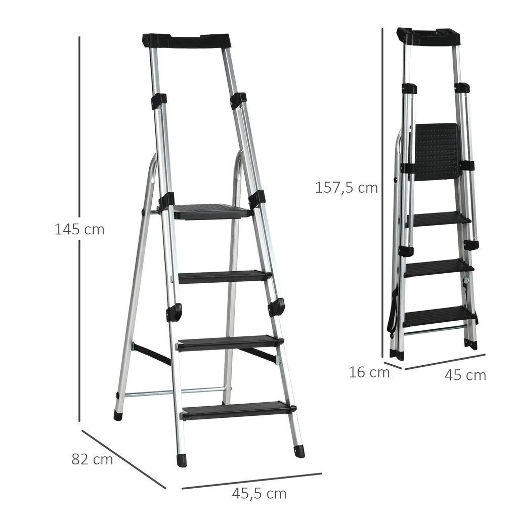 DURHAND Klapptritt Stehleiter Mit 4 Stufen Rutschfest Rostfrei Leiter Gerüstbock Mit Werkzeugablage Handlauf Bis 150 Kg Belastbar Inkl. Anti-Rutsch-Füße Alu 45,5 X 82 X 145 Cm 3 DURHAND Klapptritt Stehleiter Mit 4 Stufen Rutschfest Rostfrei Leiter Gerüstbock Mit Werkzeugablage Handlauf Bis 150 Kg Belastbar Inkl. Anti-Rutsch-Füße Alu 45,5 X 82 X 145 Cm – Bild 3