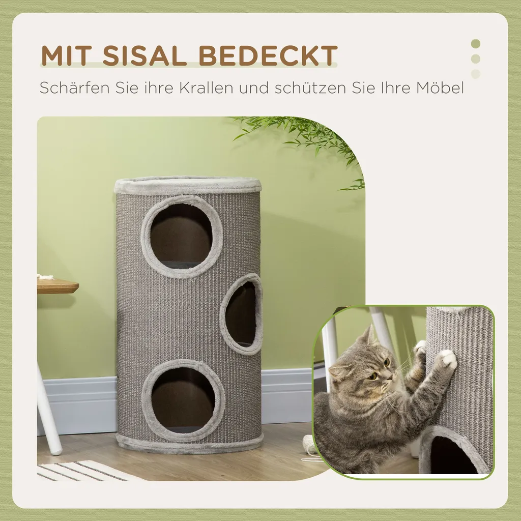 PawHut Kratztonne, Höhe 70 Cm, Spieltonne Für Katzen, 3 Ebenen, Katzenkratzbaum Mit 3 Höhlen, Katzenbaum, Kratzturm Aus Sisal, Katzenmöbel, Plüsch, Hellgrau 6 PawHut Kratztonne, Höhe 70 Cm, Spieltonne Für Katzen, 3 Ebenen, Katzenkratzbaum Mit 3 Höhlen, Katzenbaum, Kratzturm Aus Sisal, Katzenmöbel, Plüsch, Hellgrau – Bild 6