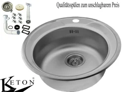 Edelstahl Rund Küchenspüle Edelstahlspüle Einbauspüle Spüle Rundspüle Durchmesser 48cm 48Ø Premium-Line Inclusive Ablaufgarnitur Spülmaschinen Anschluss Und Überlauf Und Vorgestanztem Hahnloch Von Keton