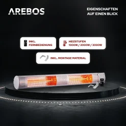 AREBOS Infrarot Heizstrahler Mit Fernbedienung, 3000W, 3 Heizstufen, Terrassenheizer, Wand-Heizstrahler, Silber -Garten- & Gewächshäuser Geschäft c9e293d701d5718431e294db8cdcfdc7