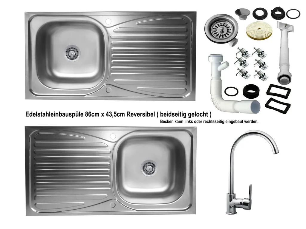 Keton Edelstahl Einbauspüle 86x43,5cm Küchenspüle Spüle Reversible + Küchenarmatur Delta 1 Keton Edelstahl Einbauspüle 86x43,5cm Küchenspüle Spüle Reversible + Küchenarmatur Delta