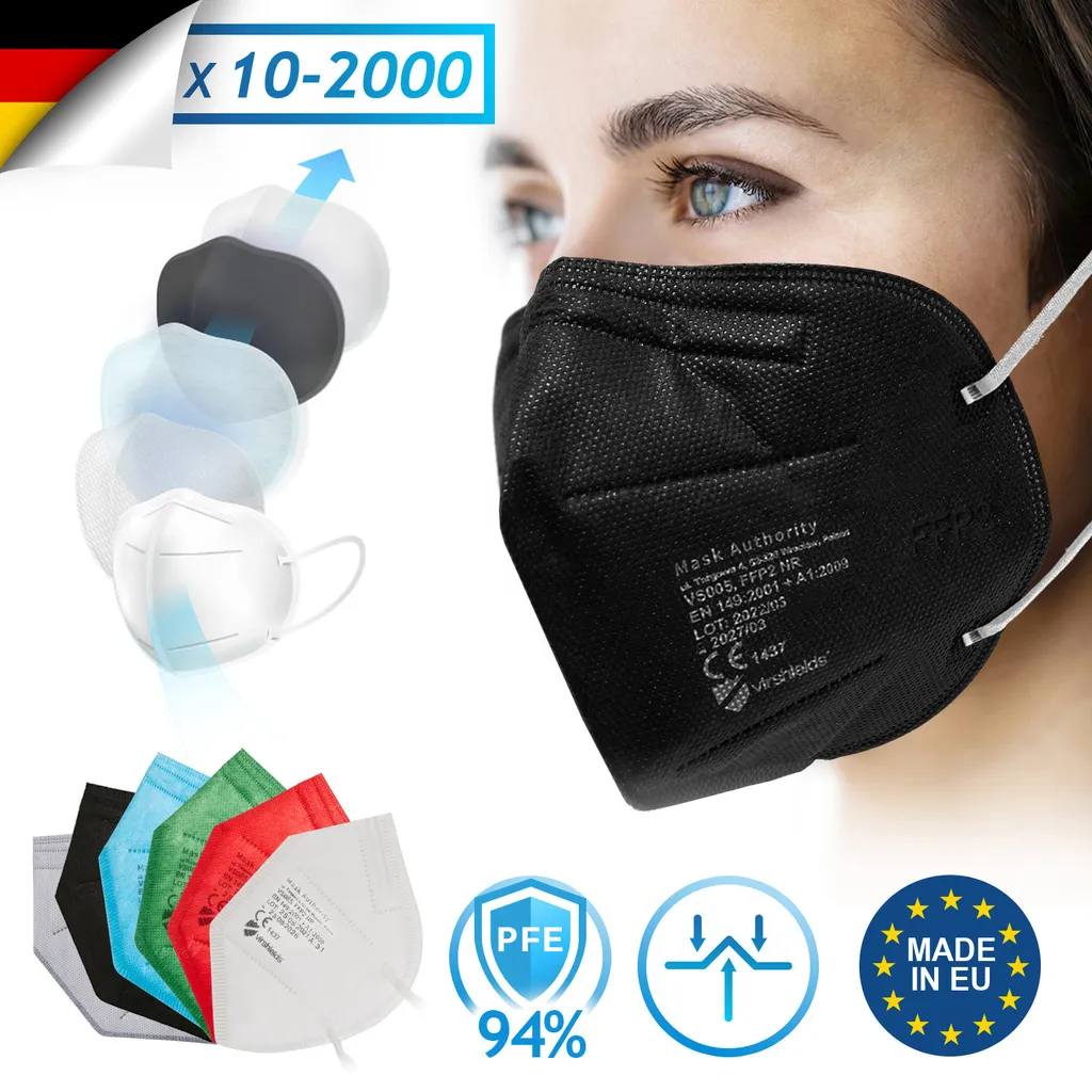 Virshields® FFP2 Mundschutz Maske - PFE 94%, EN 149:2001+A1:2009, 5 Lagen, 10-2000 Stück, Filtrierend, EU, Farbwahl - Halbmaske, Atemschutzmaske, Schutzmaske (100 Stück, Schwarz) 1 Virshields® FFP2 Mundschutz Maske - PFE 94%, EN 149:2001+A1:2009, 5 Lagen, 10-2000 Stück, Filtrierend, EU, Farbwahl - Halbmaske, Atemschutzmaske, Schutzmaske (100 Stück, Schwarz)
