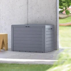 MediaShop Auflagenbox - Aufbewahrungsbox – Holz-Optik - Gartenbox Aus UV-beständigen Material – Innen- Und Außenbereich – 78x44x55cm – Box – Truhe Mit Deckel Für Kissen, Auflagen, Decken, Etc.