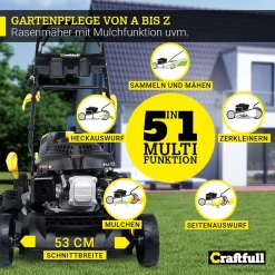 Craftfull Benzinrasenmäher CR-196-10E, 53 Cm Schnittbreite, Benzin Rasenmäher Mit Radantrieb Inkl. Elektrostarter & Rasenkamm, 196 Cc, 4,4 KW / 6PS, Euro 5 Norm, 5in1, Marken Motor, GT-Markengetriebe, 8 Stufen Höhenverstellbar, 62 Liter Fangsack, Easy-Clean-Funktion -Garten- & Gewächshäuser Geschäft cac173a99ac0f0a8b5d3cfaea4f7e9c9