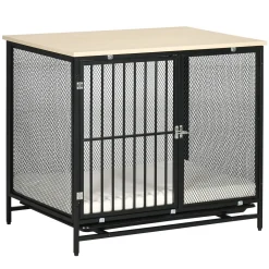 PawHut Hundekäfig, Hundehaus Mit Tischplatte, Haustierkäfig, Hundehütte Mit Kissen, Ausziehbarer Bodenwanne, Hundebox Für Mittelgroße Hunde, Tierkäfig, Indoor, Eiche+Schwarz, 80 X 55 X 71 Cm