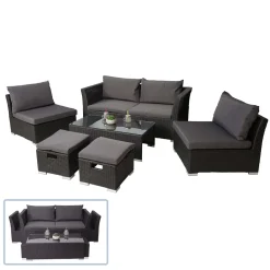 Mendler Poly-Rattan Garnitur HWC-J36, Balkon-/Garten-/Lounge-Set Sitzgruppe Sofa Anthrazit, Kissen Dunkelgrau