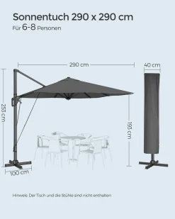 SONGMICS Sonnenschirm 290 X 290 Cm, UV-Schutz UPF 50+, Um 360° Drehbar, Mit Ständer, Befestigungsgurten Und Abdeckung, Rauchgrau GPU039G01 -Garten- & Gewächshäuser Geschäft ccc7a78a7081113046d06dda3bbd20d7