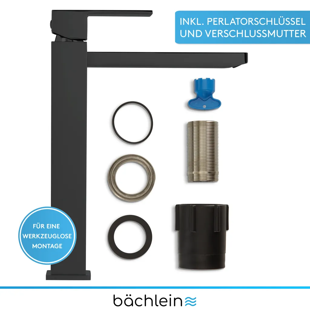 Bächlein Wasserhahn Hoch Fürs Bad In Kantigem Design – Extra Hohe Armatur Mit 215mm Auslaufhöhe Für Aufsetzwaschbecken, Waschtischarmatur Hoher Auslauf - Matt Schwarz 5 Bächlein Wasserhahn Hoch Fürs Bad In Kantigem Design – Extra Hohe Armatur Mit 215mm Auslaufhöhe Für Aufsetzwaschbecken, Waschtischarmatur Hoher Auslauf - Matt Schwarz – Bild 5