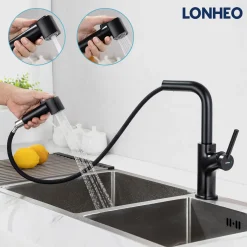 Lonheo Hochdruck-Küchenarmatur, Schwarz Wasserhahn Spültischarmatur Mit Zwei-Funktion-Brause, 360° Drehbar Küchenwasserhahn, 2 Anschluss-Schlauch Mischbatterie