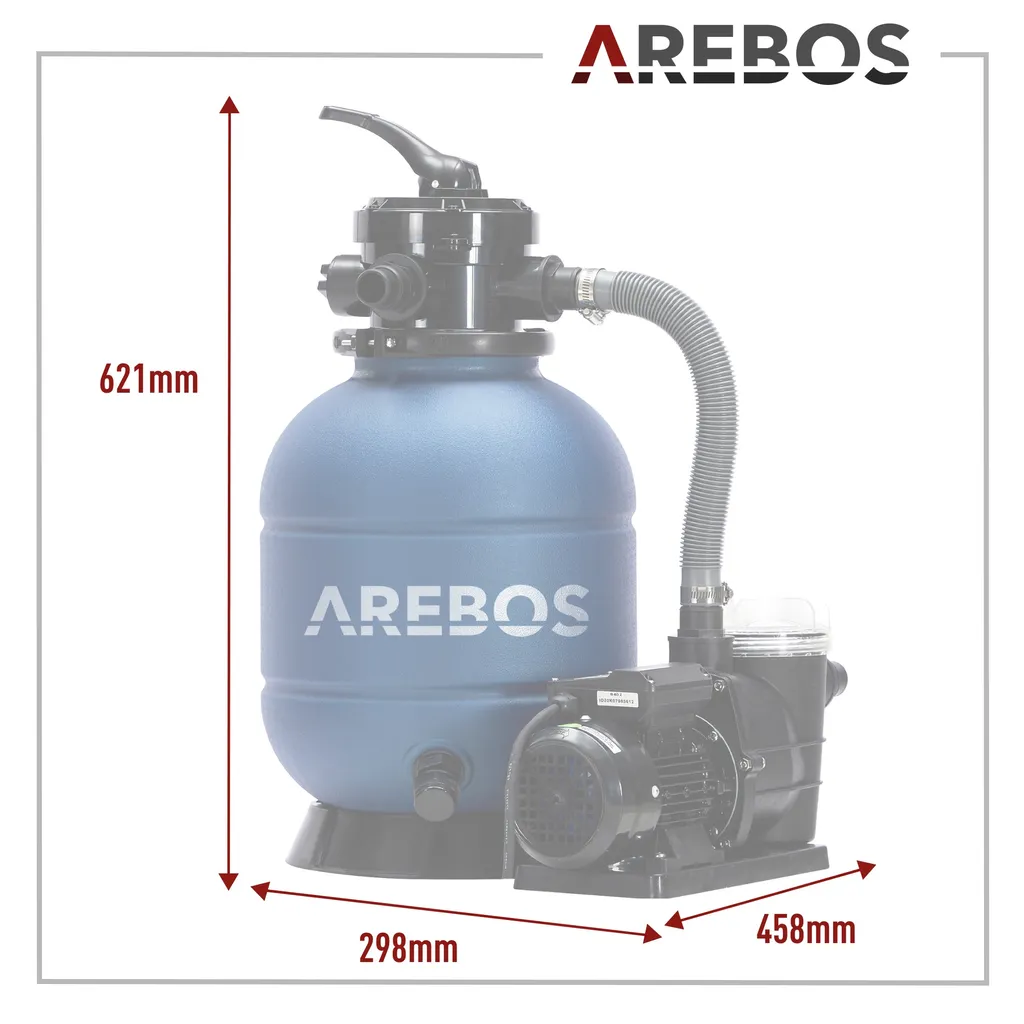 AREBOS Sandfilteranlage Mit Pumpe | 400W | 10.200 L/h | Tankvolumen Bis Zu 20 Kg Sand | 7 - Wege Ventil Mit Griff | Mit Druckmanometer | Inkl. 1400g Filterbälle | Inkl. 2m Schlauch | Blau 7 AREBOS Sandfilteranlage Mit Pumpe | 400W | 10.200 L/h | Tankvolumen Bis Zu 20 Kg Sand | 7 - Wege Ventil Mit Griff | Mit Druckmanometer | Inkl. 1400g Filterbälle | Inkl. 2m Schlauch | Blau – Bild 7