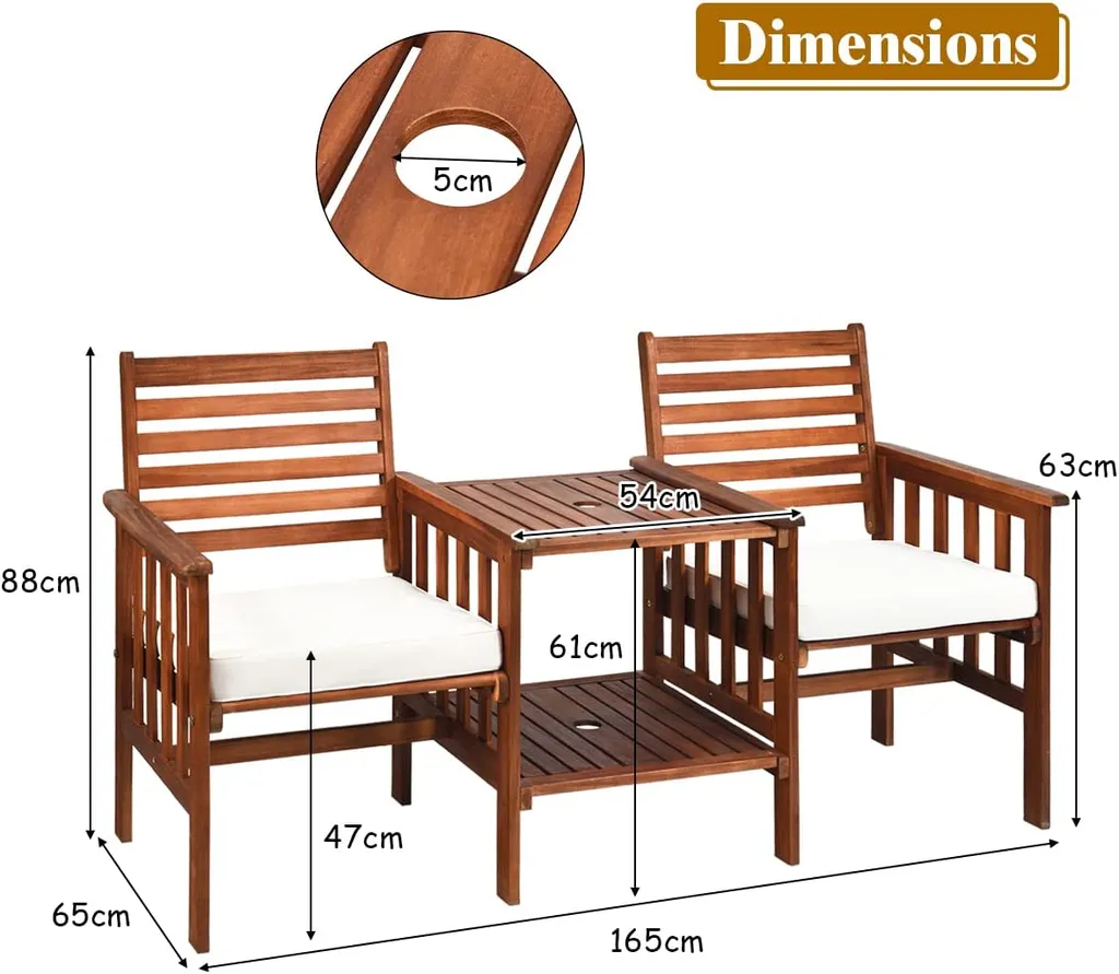 COSTWAY Gartenbank Holz Mit Doppelsitz Und Beistelltisch, Holzbank Bis 350kg Sitzbank Inkl. Kissen & Schirmloch, Terrassenbank Für Balkon, Garten, Veranda 6 COSTWAY Gartenbank Holz Mit Doppelsitz Und Beistelltisch, Holzbank Bis 350kg Sitzbank Inkl. Kissen & Schirmloch, Terrassenbank Für Balkon, Garten, Veranda – Bild 6