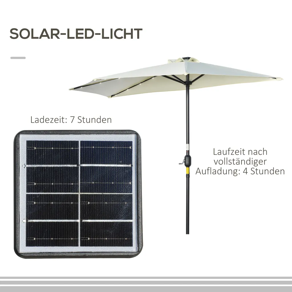 Outsunny Sonnenschirm, 270 X 240 Cm Halbshirm, Balkonschirm Mit LED, Halbrunder Terrassenschirm Mit Handkurbe, Solarpaneel, Für Garten, Metall, Beige 5 Outsunny Sonnenschirm, 270 X 240 Cm Halbshirm, Balkonschirm Mit LED, Halbrunder Terrassenschirm Mit Handkurbe, Solarpaneel, Für Garten, Metall, Beige – Bild 5