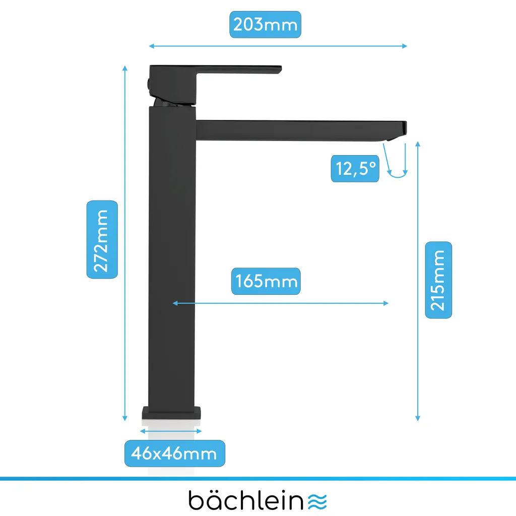 Bächlein Wasserhahn Hoch Fürs Bad In Kantigem Design – Extra Hohe Armatur Mit 215mm Auslaufhöhe Für Aufsetzwaschbecken, Waschtischarmatur Hoher Auslauf - Matt Schwarz 3 Bächlein Wasserhahn Hoch Fürs Bad In Kantigem Design – Extra Hohe Armatur Mit 215mm Auslaufhöhe Für Aufsetzwaschbecken, Waschtischarmatur Hoher Auslauf - Matt Schwarz – Bild 3