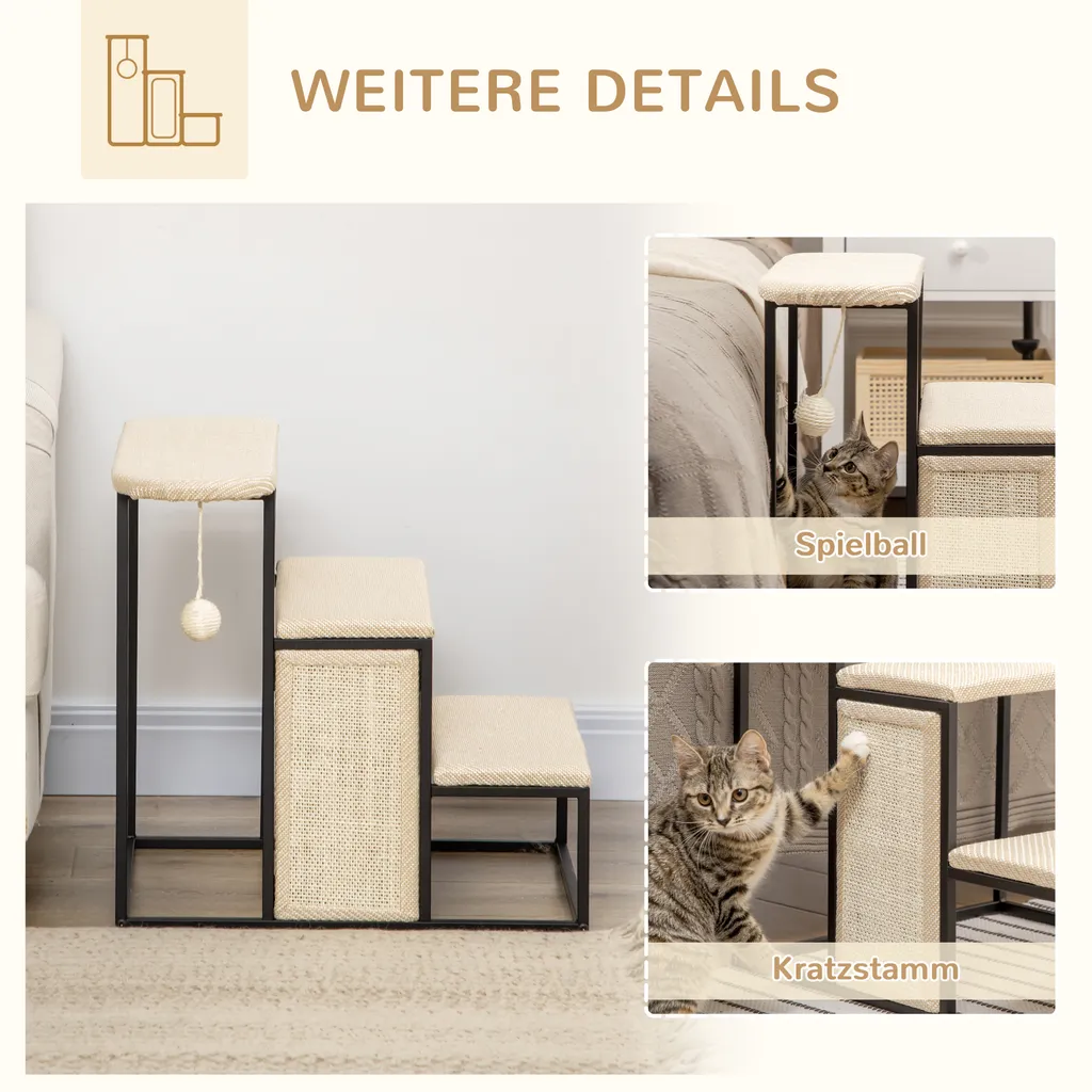 PawHut Haustiertreppe 3-stufige Katzentreppe Hundetreppe Mit Kratzbrett Und Spielball Einstieghilfe Praktische & Leichte Tiertreppe Stahl Sisal Cremeweiß+Schwarz 51 X 54 X 53cm 5 PawHut Haustiertreppe 3-stufige Katzentreppe Hundetreppe Mit Kratzbrett Und Spielball Einstieghilfe Praktische & Leichte Tiertreppe Stahl Sisal Cremeweiß+Schwarz 51 X 54 X 53cm – Bild 5