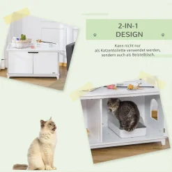 PawHut Katzenschrank Für Katzentoilette Katzenklo Katzenhaus Katzenkommode Katzenhöhle Mit Trennwand Schrank MDF Weiß 95,4 X 54 X 57,5 Cm