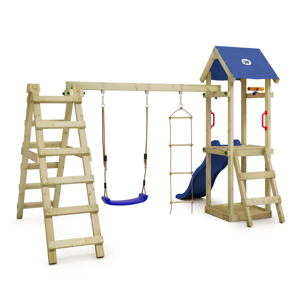 WICKEY Spielturm Klettergerüst TinyLoft Mit Schaukel & Rutsche, Kletterturm Mit Sandkasten, Leiter & Spiel-Zubehör - Blau 2 WICKEY Spielturm Klettergerüst TinyLoft Mit Schaukel & Rutsche, Kletterturm Mit Sandkasten, Leiter & Spiel-Zubehör - Blau – Bild 2