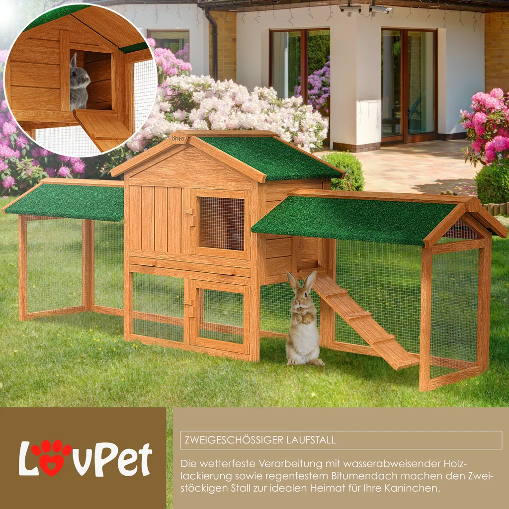 LOVPET® Kaninchenstall Hasenstall XXL Kleintiergehege Premium - Große Für Bis 4 Hasen Doppelstockhaus - 2 Ebenen - Hasenkäfig Meerschweinchen Freilauf Garten - Winterfest Holz 220x50x86 Cm, Farbe:Braun 6 LOVPET® Kaninchenstall Hasenstall XXL Kleintiergehege Premium - Große Für Bis 4 Hasen Doppelstockhaus - 2 Ebenen - Hasenkäfig Meerschweinchen Freilauf Garten - Winterfest Holz 220x50x86 Cm, Farbe:Braun – Bild 6