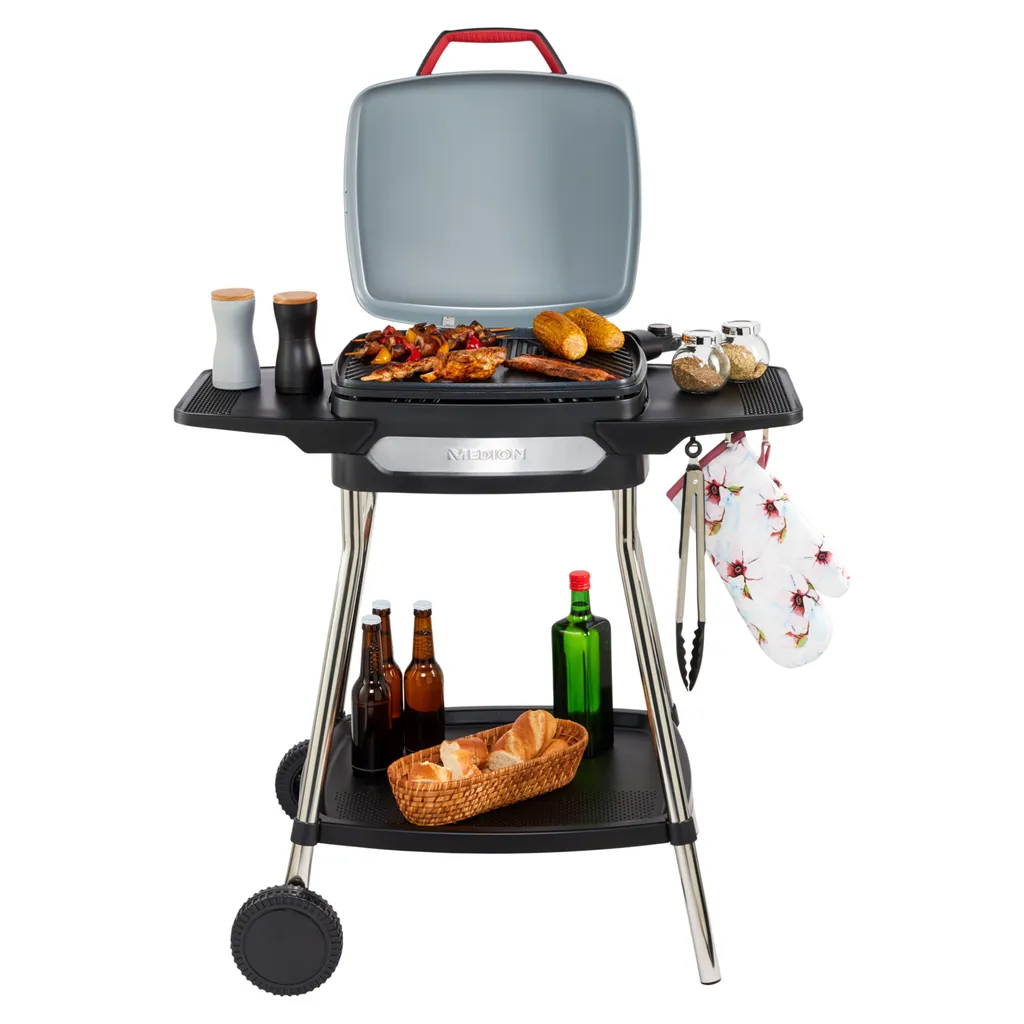 MEDION Elektrogrill (Standgrill, Tischgrill, Grillwagen, Für Balkon Garten Camping, Mit Deckel, 2 Seitentische, 2000 Watt, Antihaftbeschichtung, Rollen, Fettauffangschale, MD10864) 5 MEDION Elektrogrill (Standgrill, Tischgrill, Grillwagen, Für Balkon Garten Camping, Mit Deckel, 2 Seitentische, 2000 Watt, Antihaftbeschichtung, Rollen, Fettauffangschale, MD10864) – Bild 5