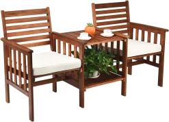 COSTWAY Gartenbank Holz Mit Doppelsitz Und Beistelltisch, Holzbank Bis 350kg Sitzbank Inkl. Kissen & Schirmloch, Terrassenbank Für Balkon, Garten, Veranda